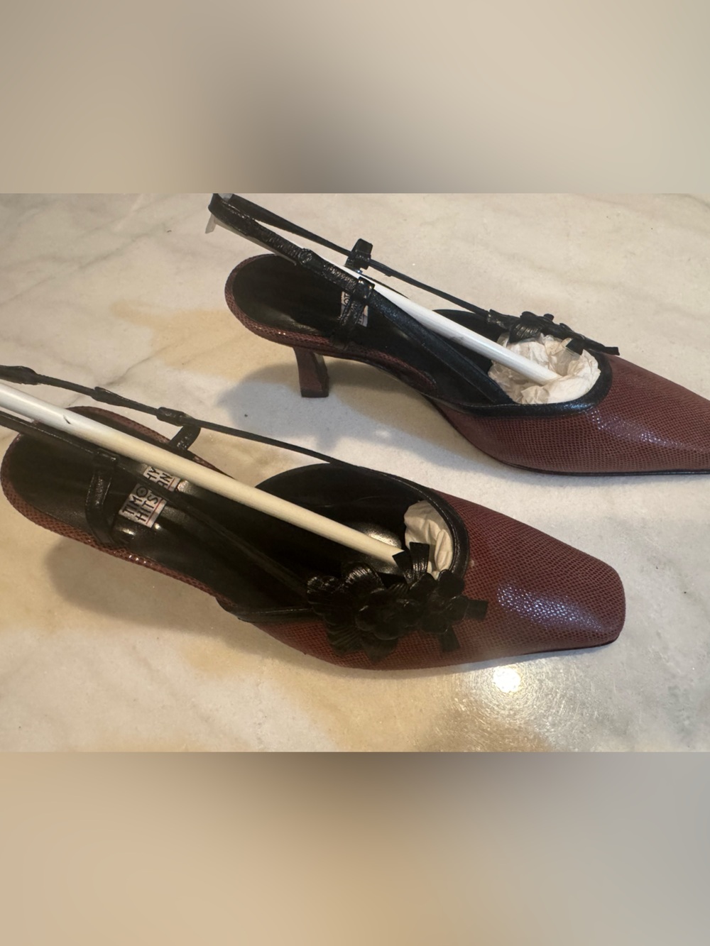 Vintage Timothy Hitsman “Cachet” Slingback Heels in Choc with Black Floral Trim